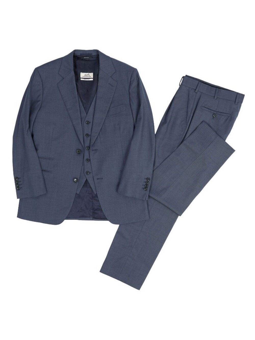 Hermes 3 Piece Set Suit Jacket Trousers Pants Vest Wool Navy 46